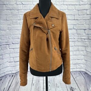 Mudd Faux Suede Moto Jacket Womens Large‎ camel Brown Asymmetrical Zip Biker Y2k